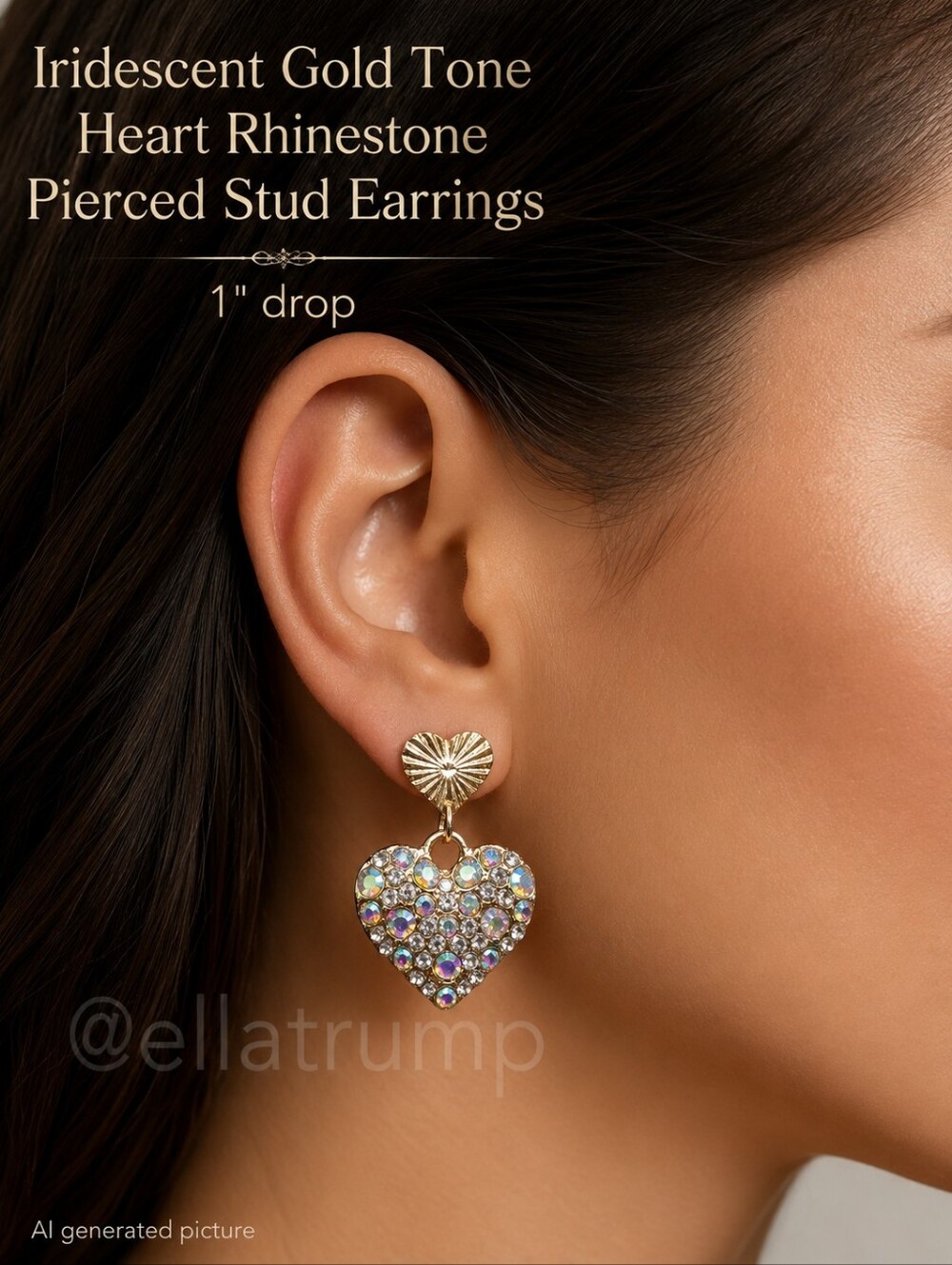 Iridescent Gold Tone Heart Rhinestone Pierced Stud Earrings 1" drop